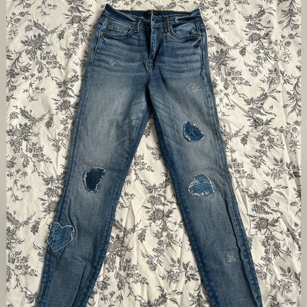 7 For All Mankind Heart Patched Ankle Skinny Fray Hem Jeans